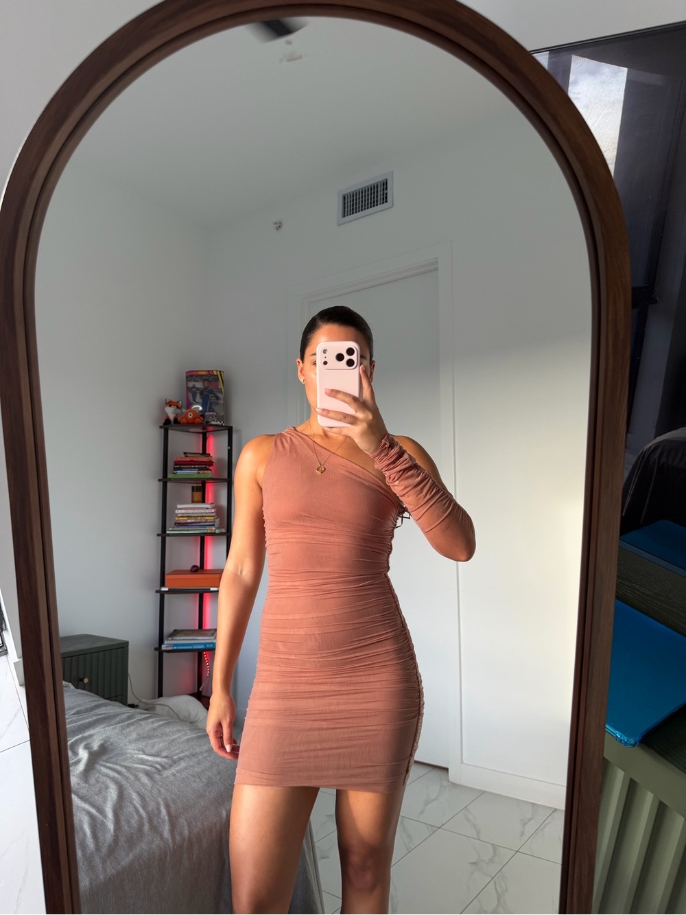 Asymmetric One-Shoulder Rust Mini Dress
